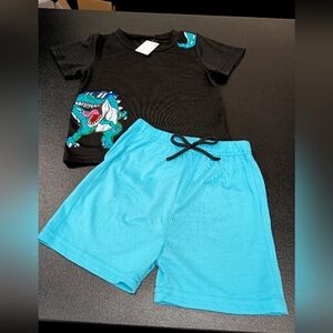 Black Dinosaur T-Shirt and Blue Shorts Set